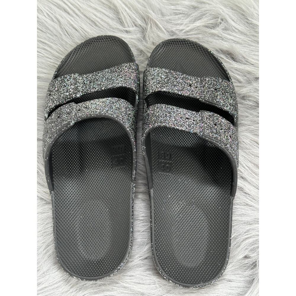 Women's Glitter Slide Sandals Size 9/10 Black Sparkle Double Strap  Comfort - Picture 2 of 5